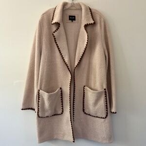Sweater Coat Stoosh Tan Brown Open Front pockets Contrast trim Mid Length XL